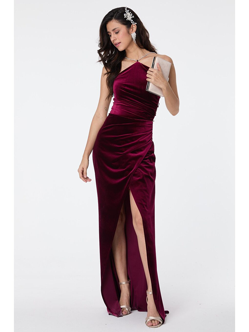 Düz Orta Kadın Bordo Abiye Elbise - 23559-1