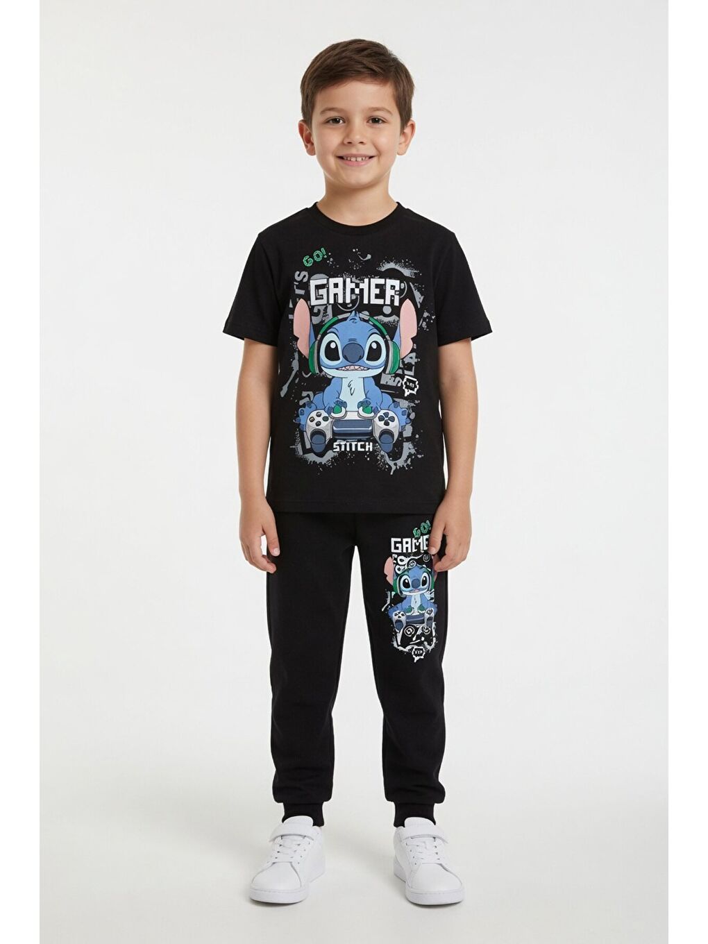 Siyah Gamer Karakter Baskılı Tişörtlü Erkek Çocuk Eşofman Takımı 23874