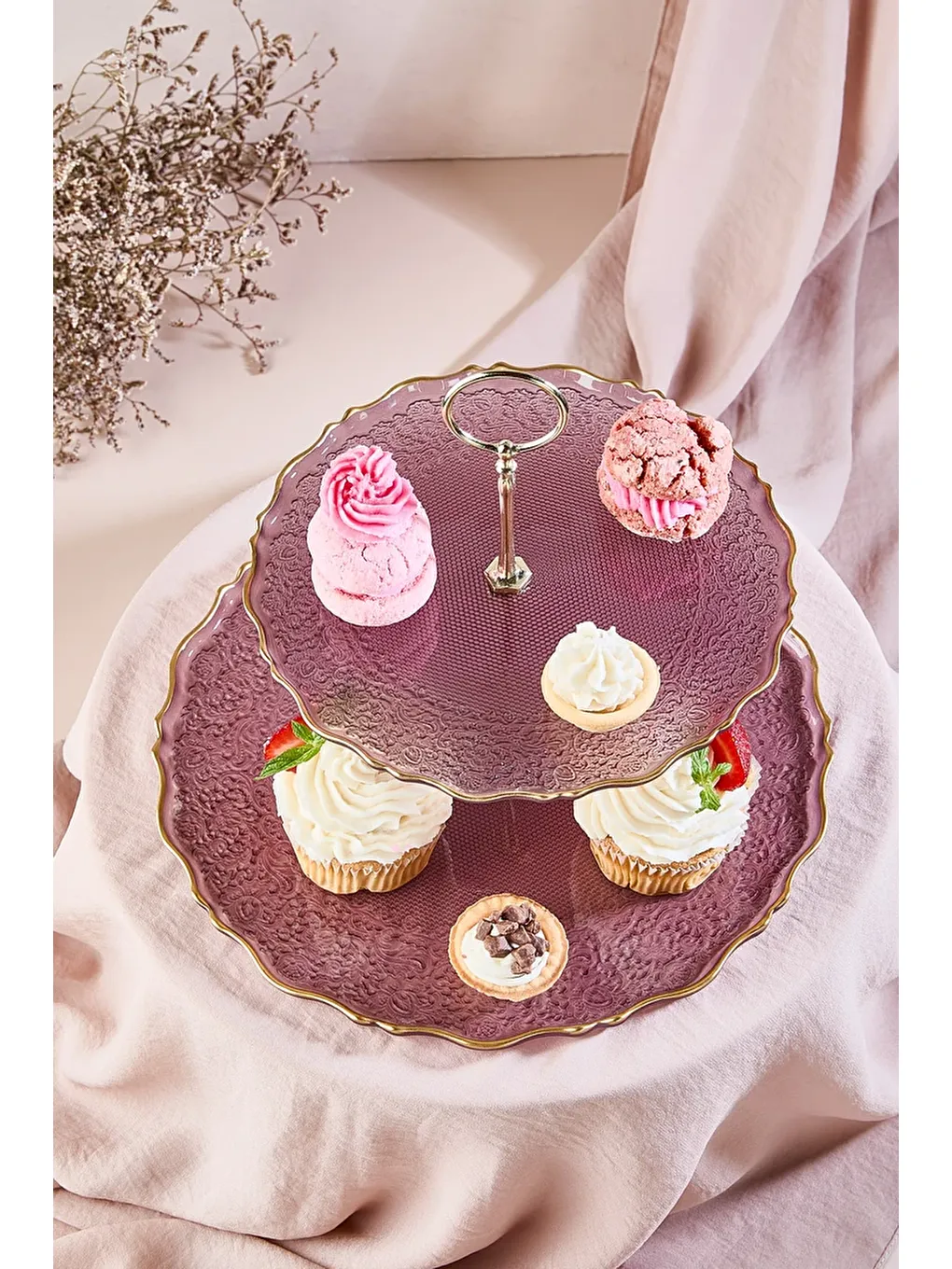 Goblen Mürdüm Renk 2 Katlı Pasta/Kurabiyelik/Şekerlik Sunum Standı-2