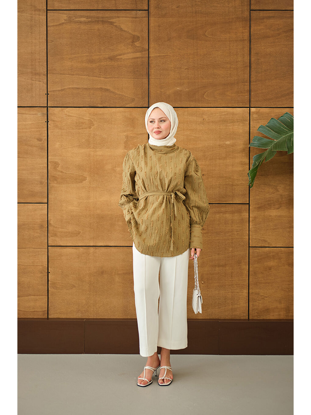 Kadın Kendinden Desenli Bel Bağlamalı Tunik Yağ Yeşil-2