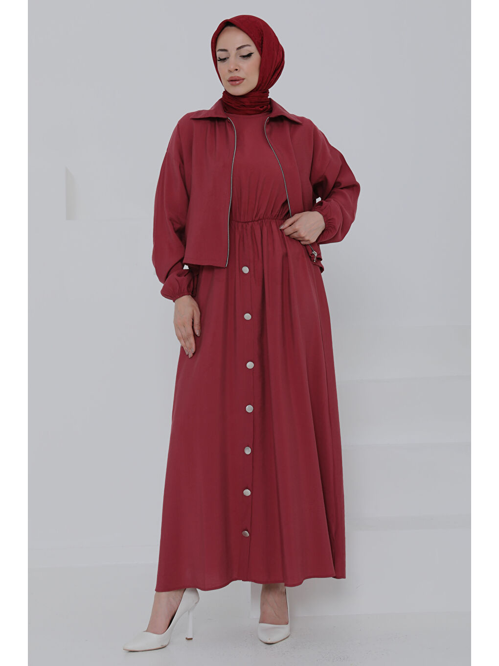 Düğme Detaylı Takım Bordo - 27010