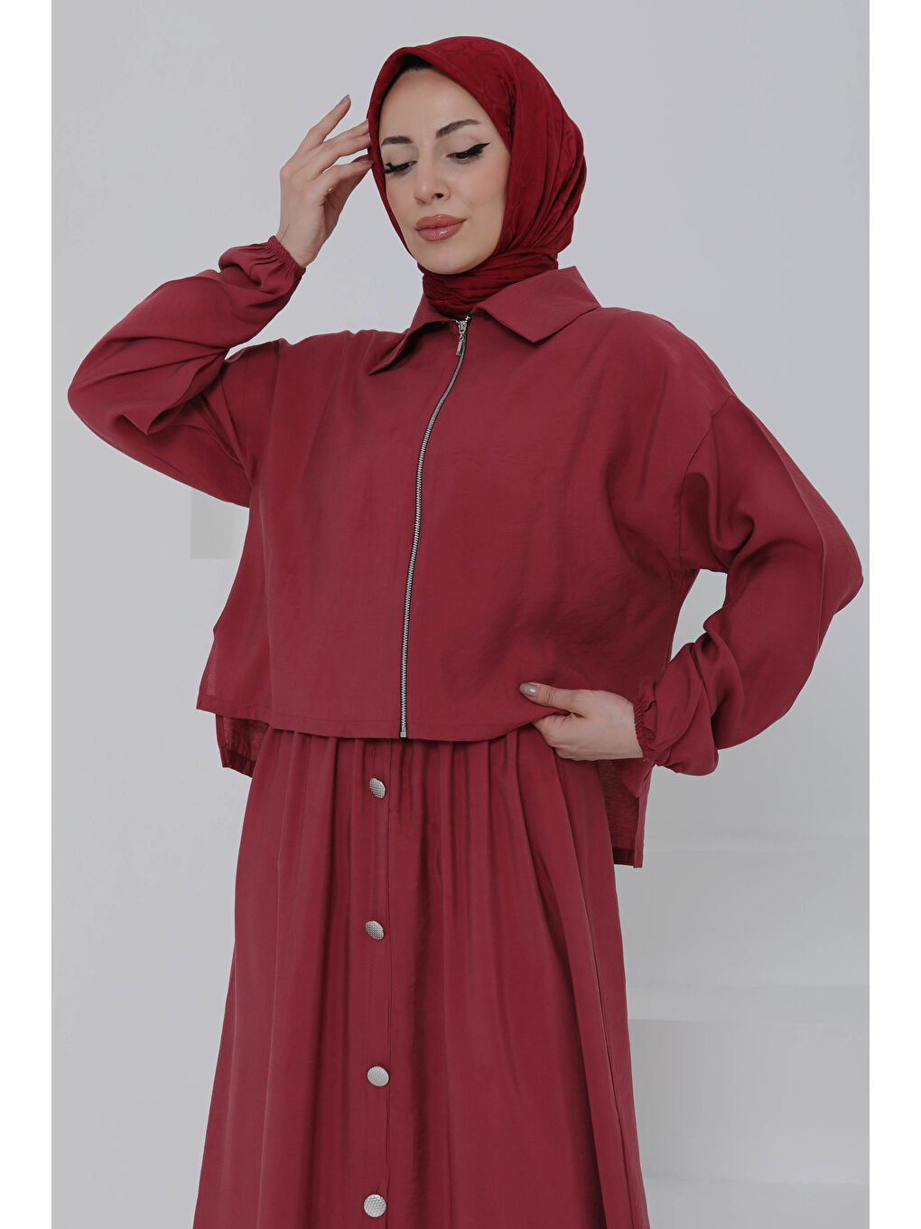 Düğme Detaylı Takım Bordo - 27010-1