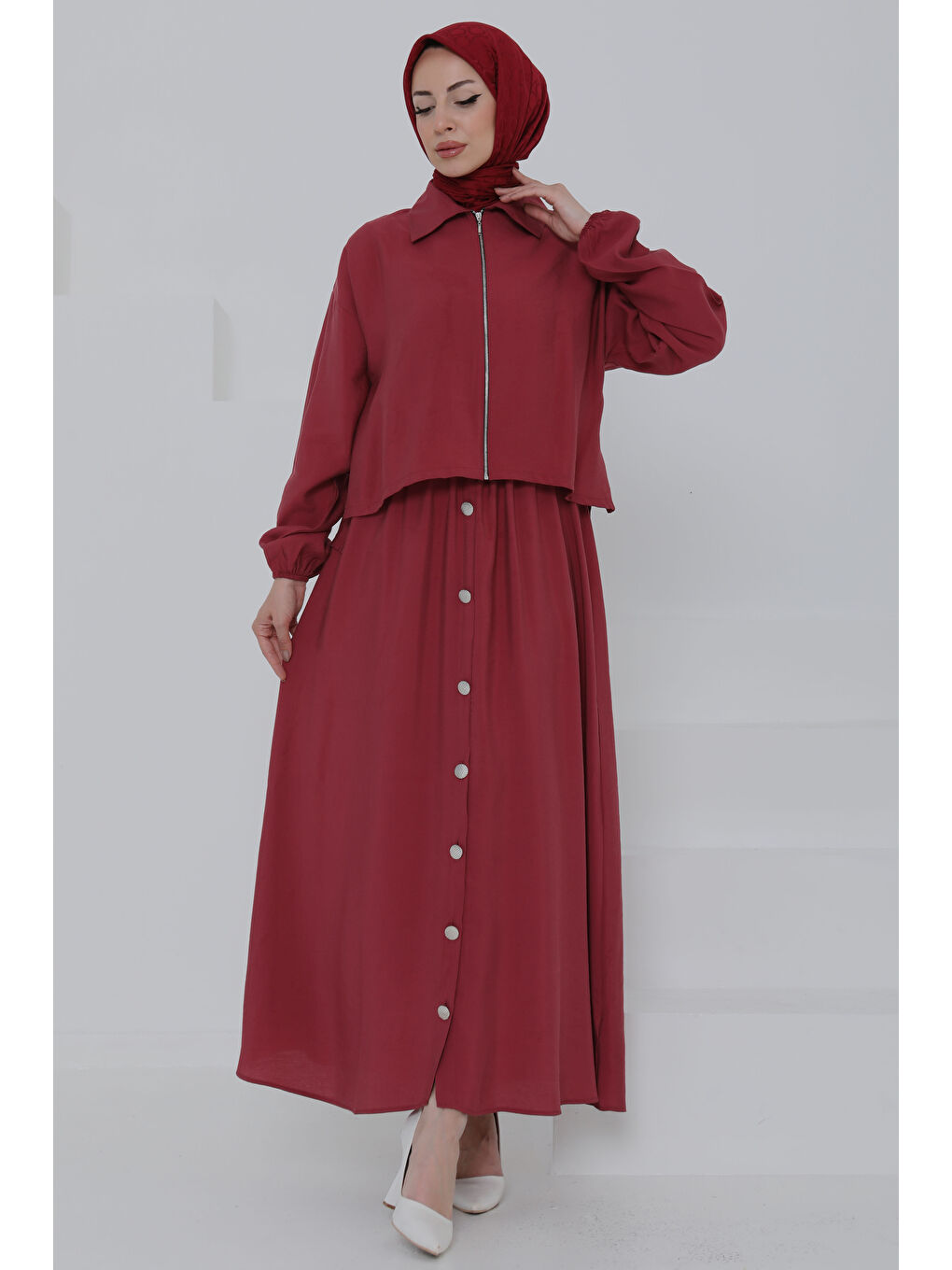 Düğme Detaylı Takım Bordo - 27010-2