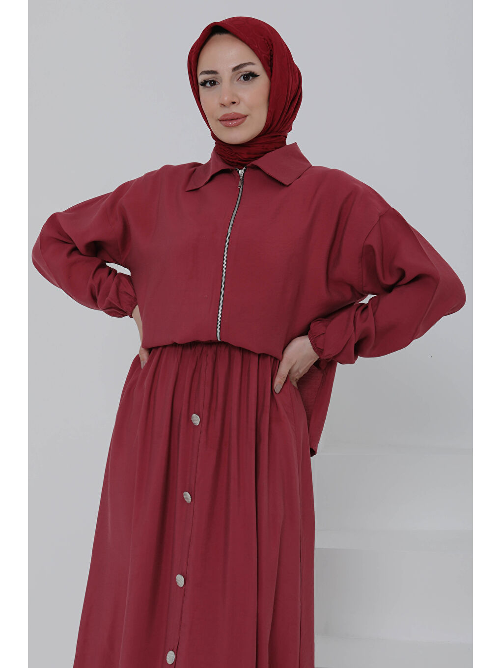 Düğme Detaylı Takım Bordo - 27010-3