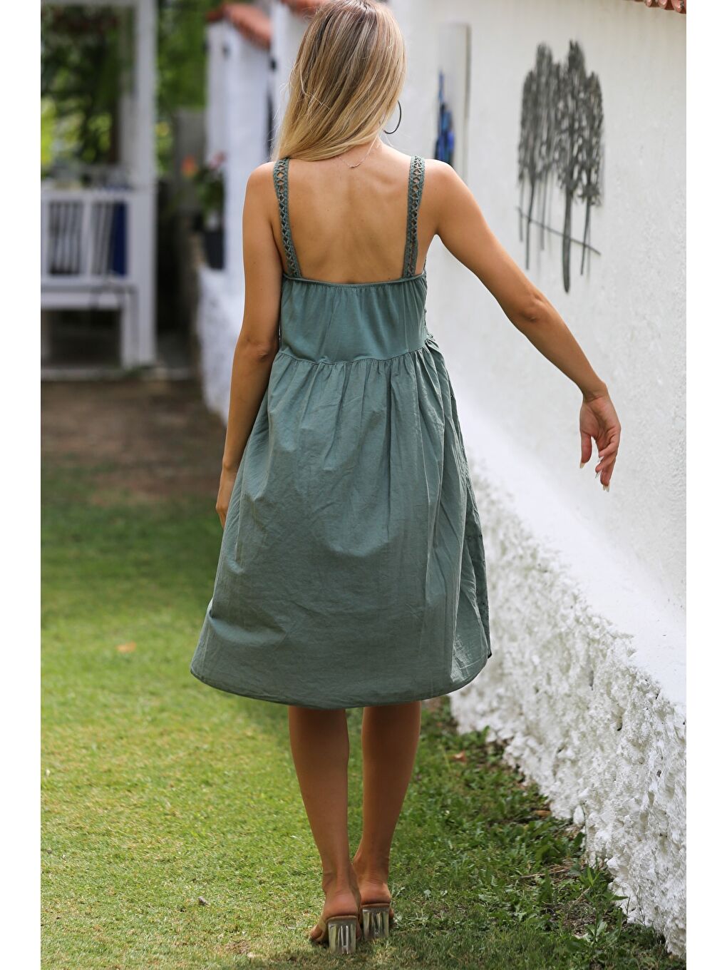 İtalyan Haki Askılı Dantelli Fistolu Dokuma Casual Elbise-7