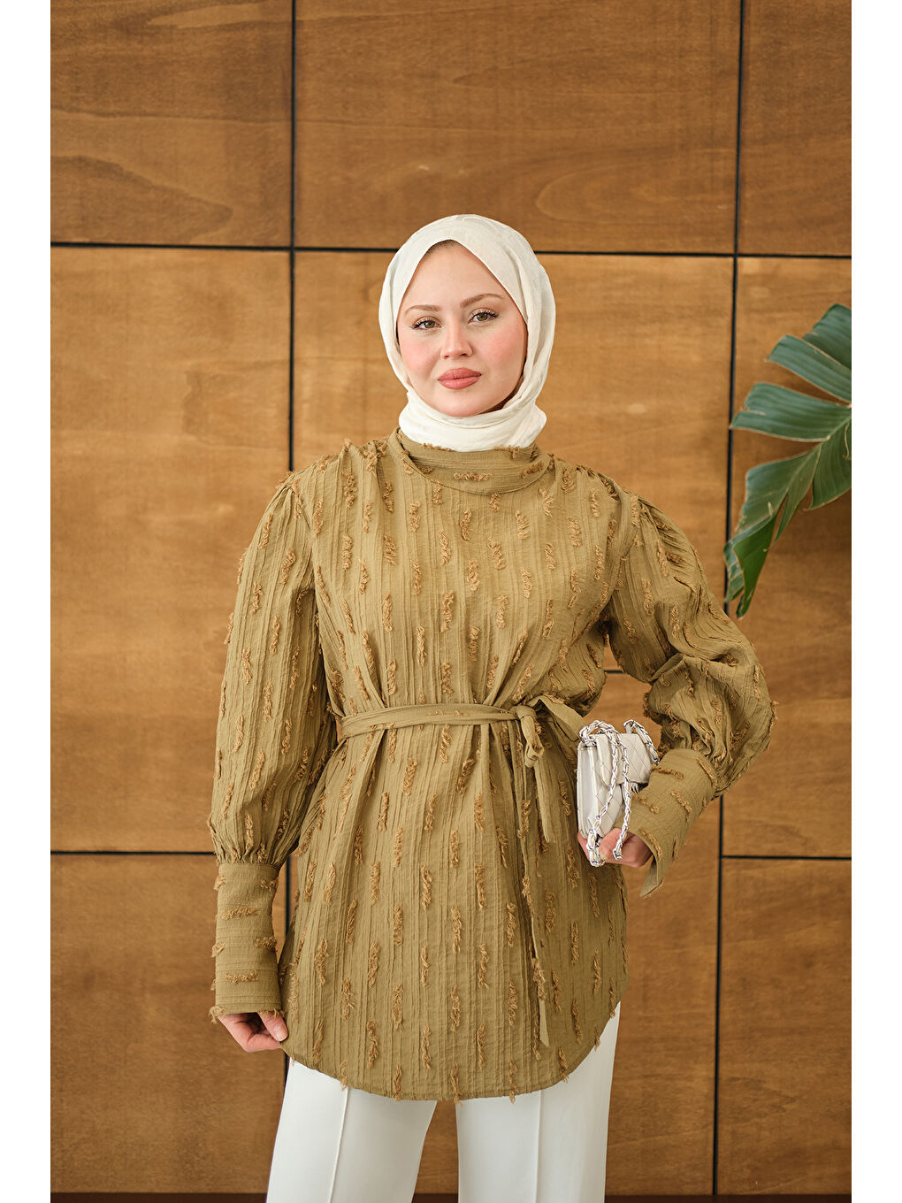 Kadın Kendinden Desenli Bel Bağlamalı Tunik Yağ Yeşil-3