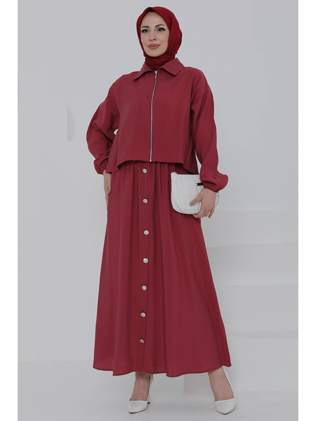 Düğme Detaylı Takım Bordo - 27010-4