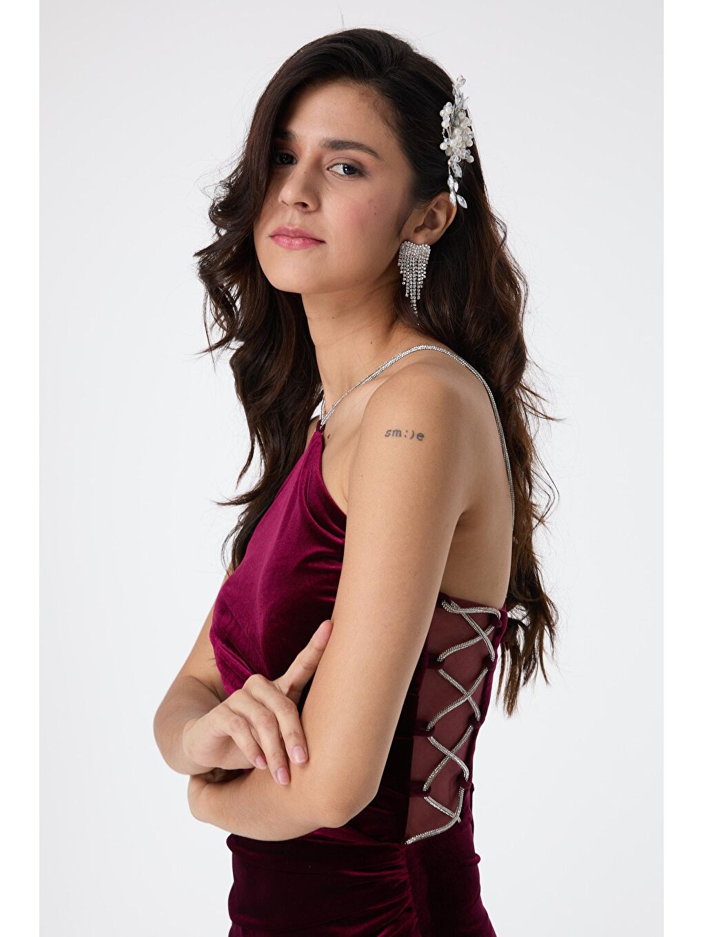 Düz Orta Kadın Bordo Abiye Elbise - 23559-2