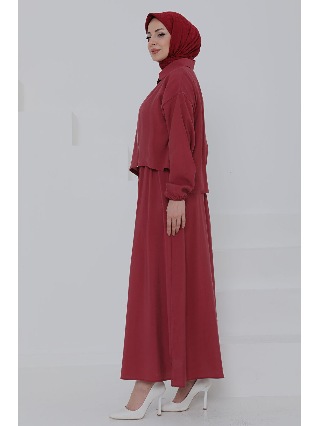 Düğme Detaylı Takım Bordo - 27010-5