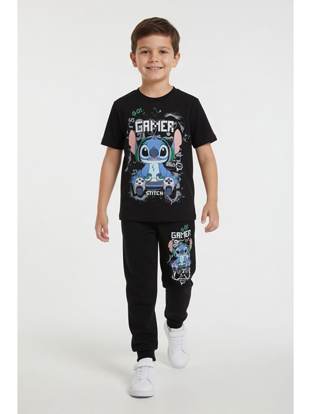 Siyah Gamer Karakter Baskılı Tişörtlü Erkek Çocuk Eşofman Takımı 23874-2