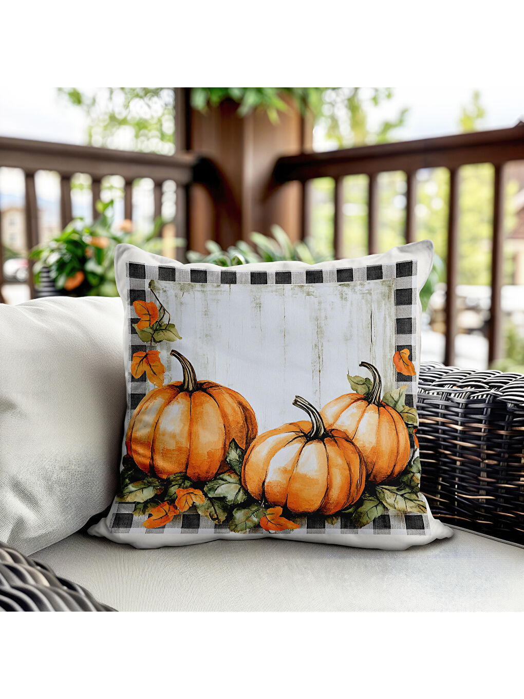 Karışık Çift Taraf Baskılı Kadife Doku Sonbahar Ve Kabak Desenli Kırlent Kılıfı