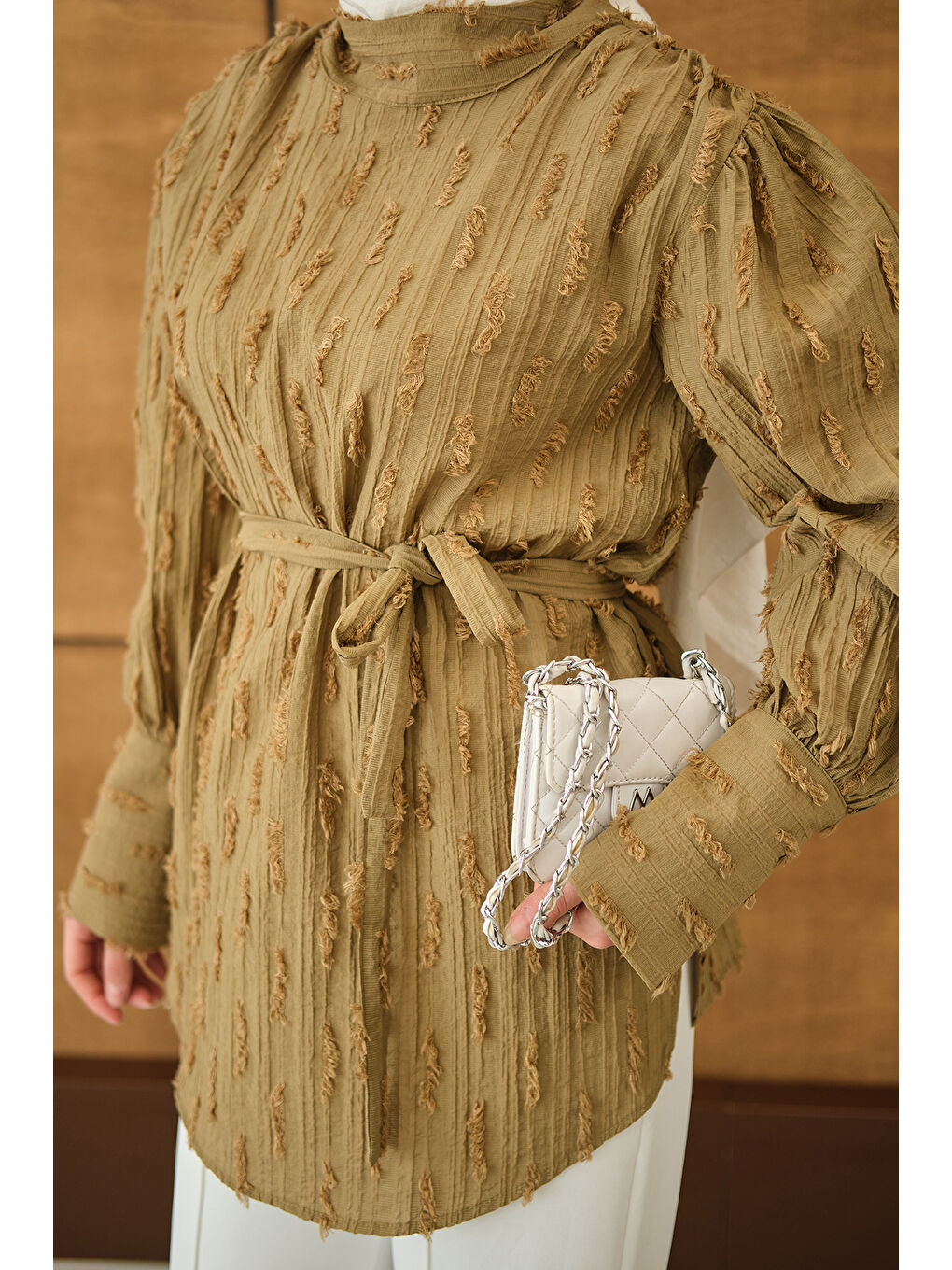 Kadın Kendinden Desenli Bel Bağlamalı Tunik Yağ Yeşil-4