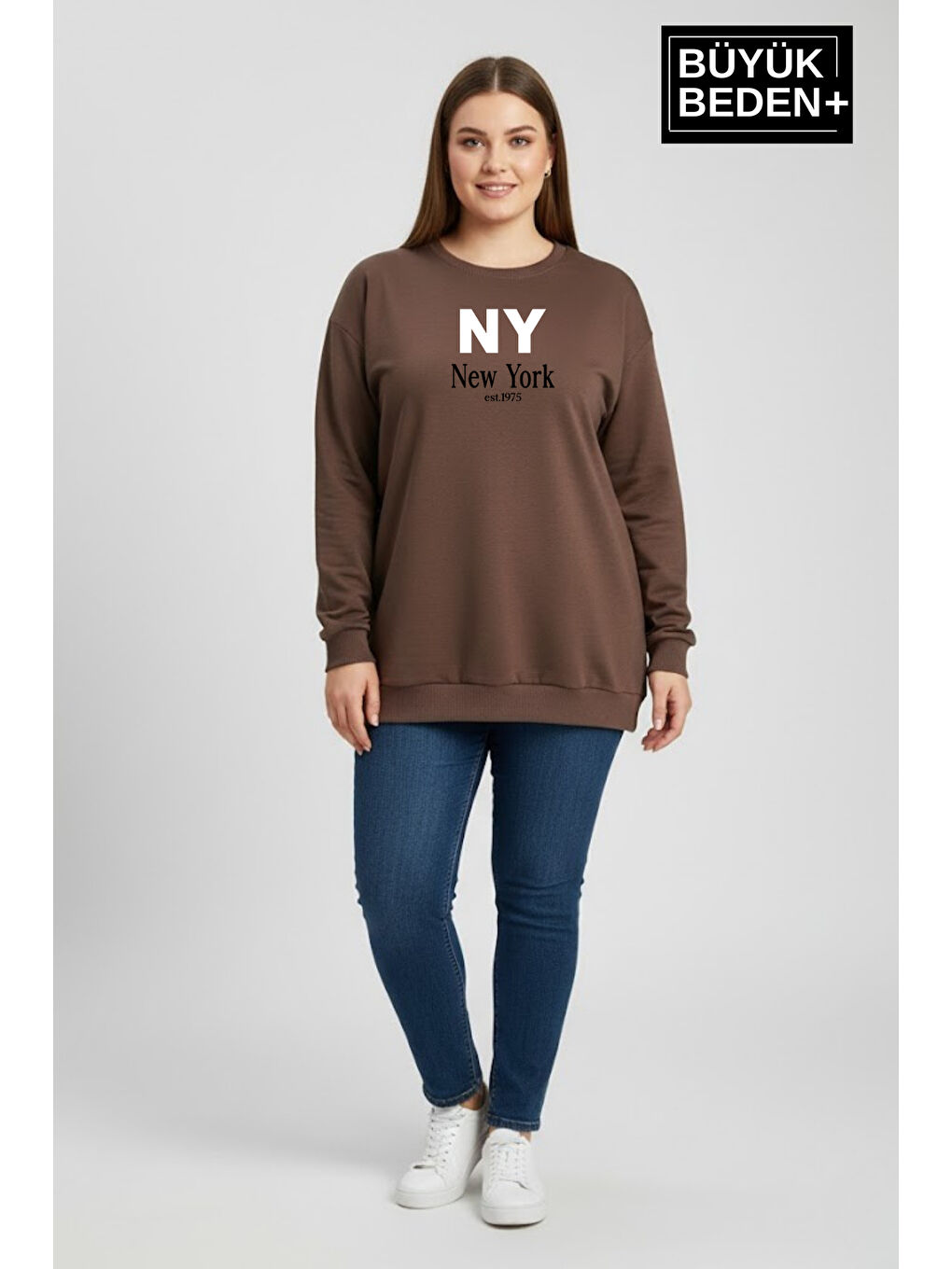 Kahverengi Kadın Büyük Beden NY Newyork Baskılı Bisiklet Yaka ince Sweatshirt SPR26BSWK956-15