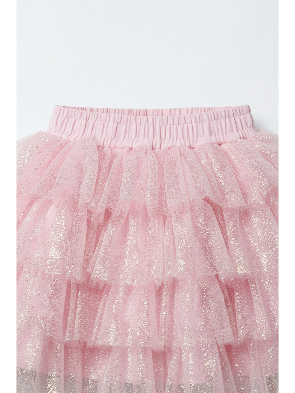 Kız Çocuk Pamuklu Pembe Simli Kat Kat Tül Etek - Elastik Belli Fırfırlı Model-1