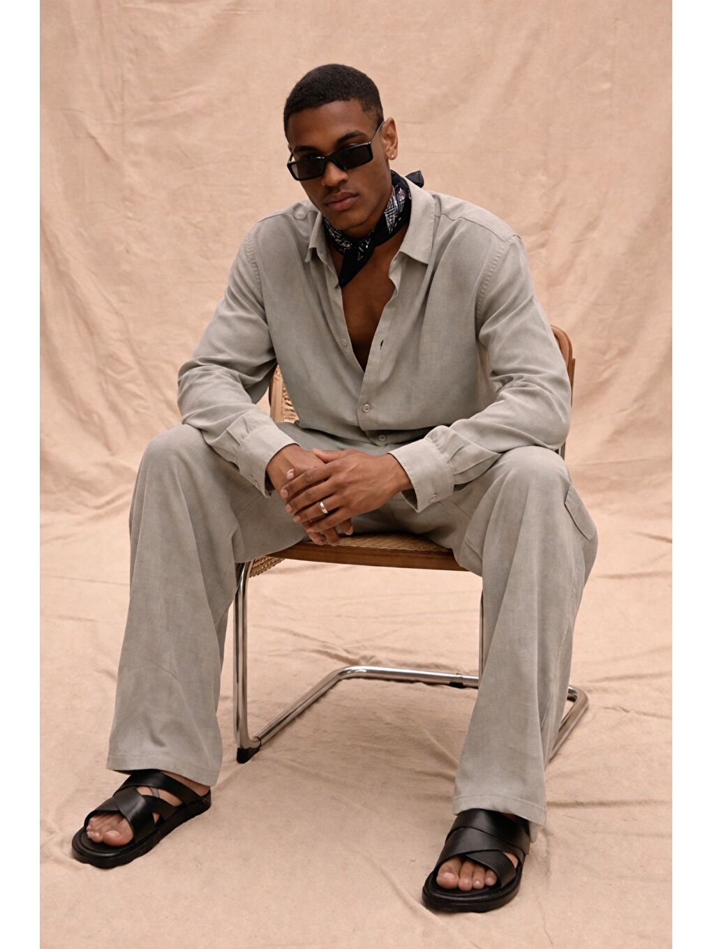 Gri Erkek Haki Lyocell Kumaş Oversize Gömlek Pantolon Takım – Rahat Kesim Yazlık Kombin-1