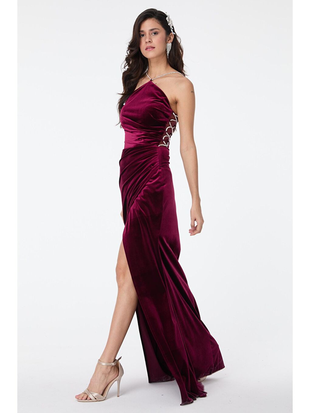 Düz Orta Kadın Bordo Abiye Elbise - 23559-3