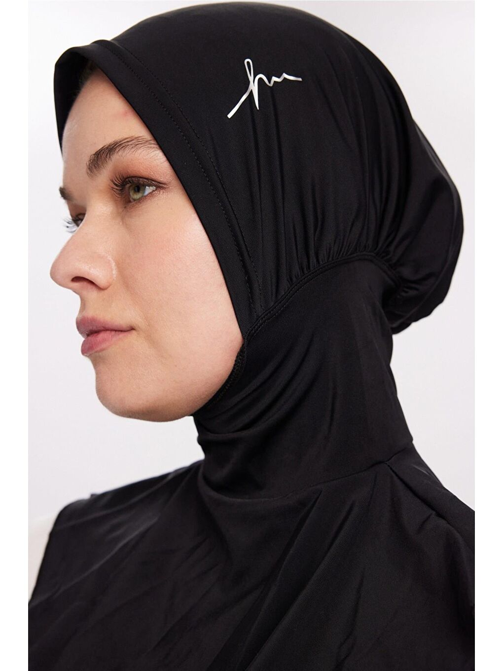 Gri Logo Detaylı Siyah Tesettür Yüzücü Bonesi 1006