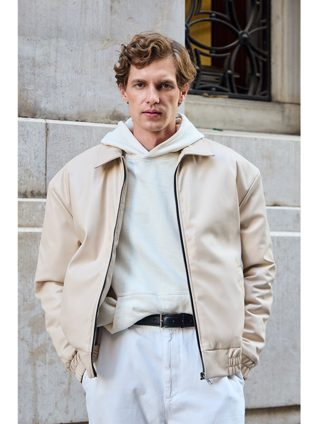 Bej Erkek Limited Edition Deri Mont Ceket Taş-2