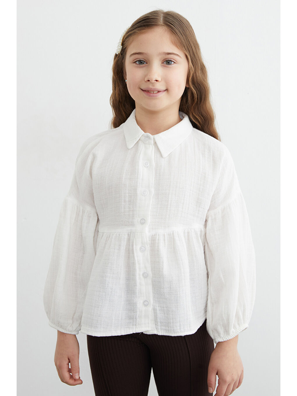 Beyaz Balon Kol Müslin Kumaş Kız Çocuk Gömlek