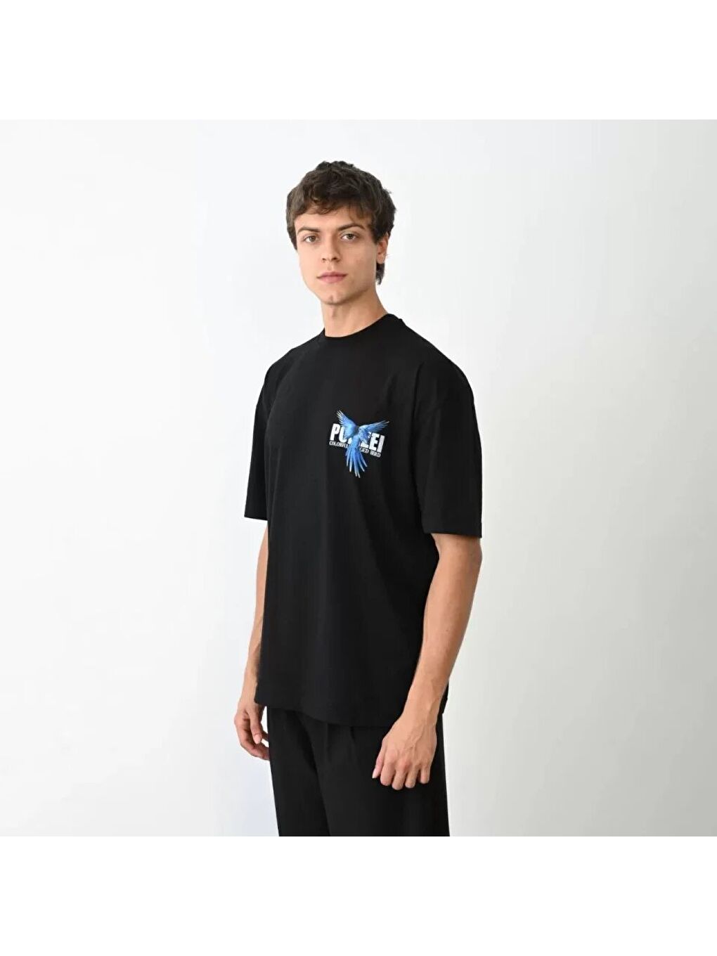 Unisex Bisiklet Yaka Baskılı Oversize T-Shirt - Siyah-1