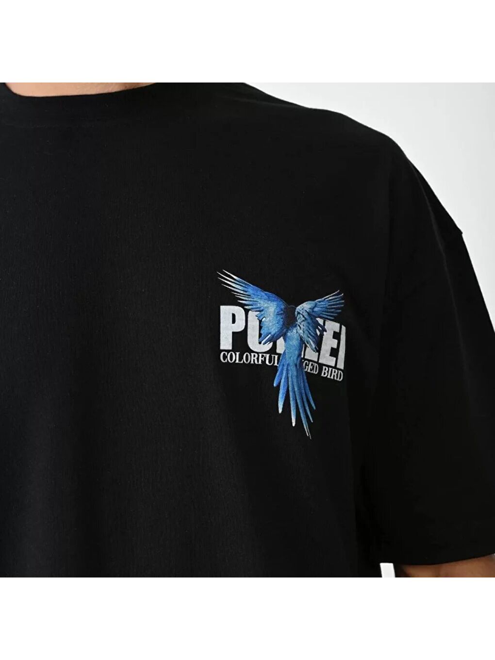 Unisex Bisiklet Yaka Baskılı Oversize T-Shirt - Siyah-2