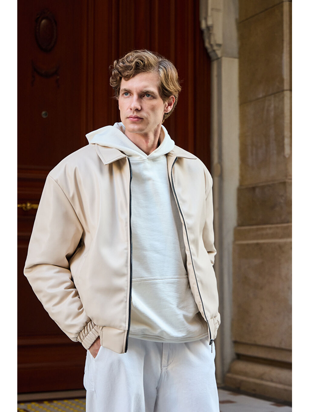 Bej Erkek Limited Edition Deri Mont Ceket Taş-3