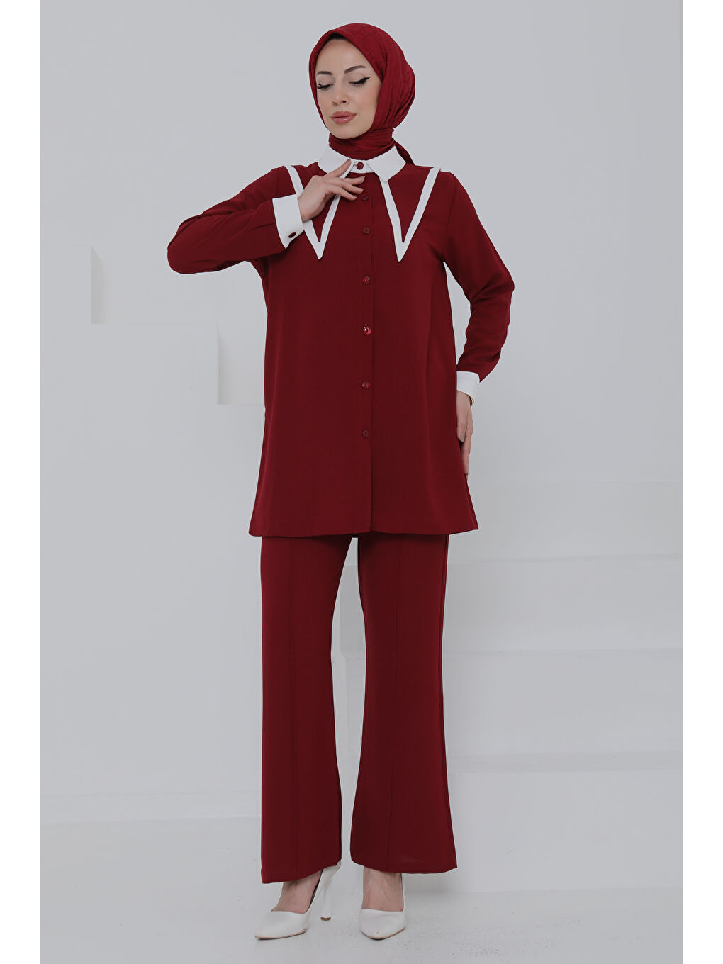 Çift Yakalı Linda Takım Bordo - 27020-1