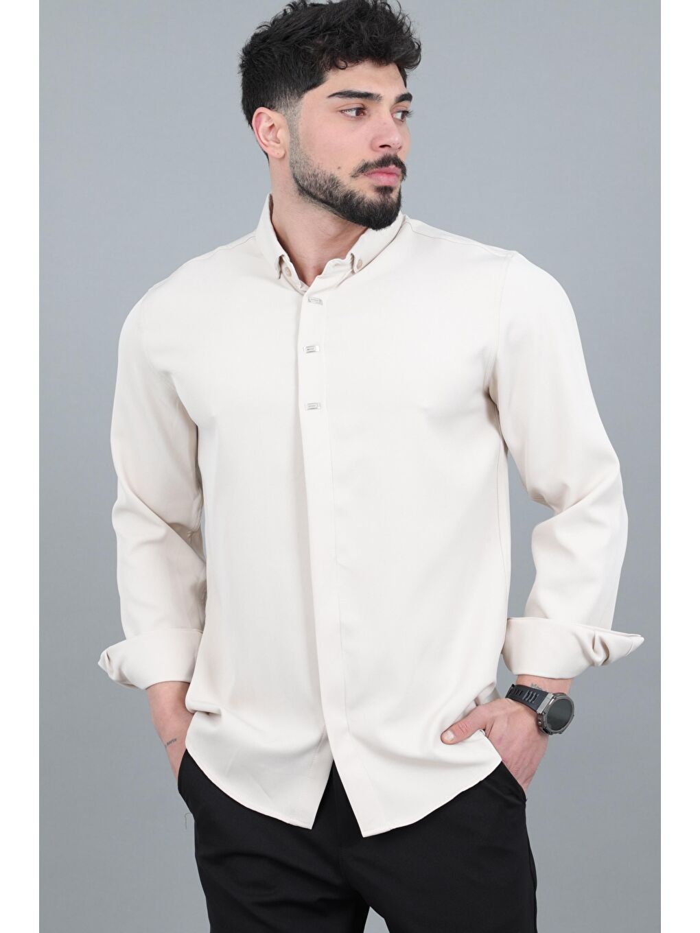 Beyaz Düğme Detay Premium Yazlık Uzun Kol Gömlek QCM 6727_40419-1
