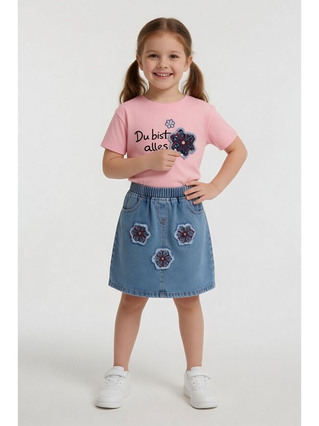 Pembe Çiçek Nakışlı Taşlı Jean Etekli Badili Kız Çocuk 2li Takım 24049