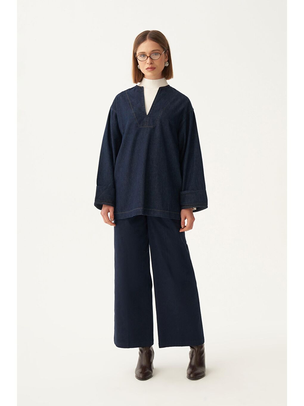 Koyu Mavi-V Yaka Denim Gömlek Tunik-1