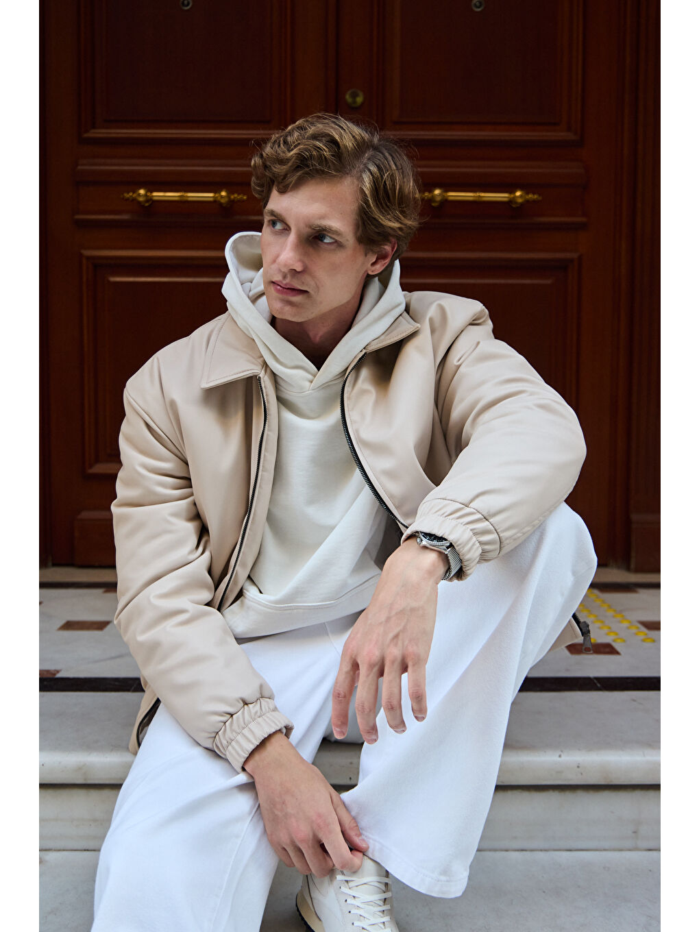 Bej Erkek Limited Edition Deri Mont Ceket Taş-4