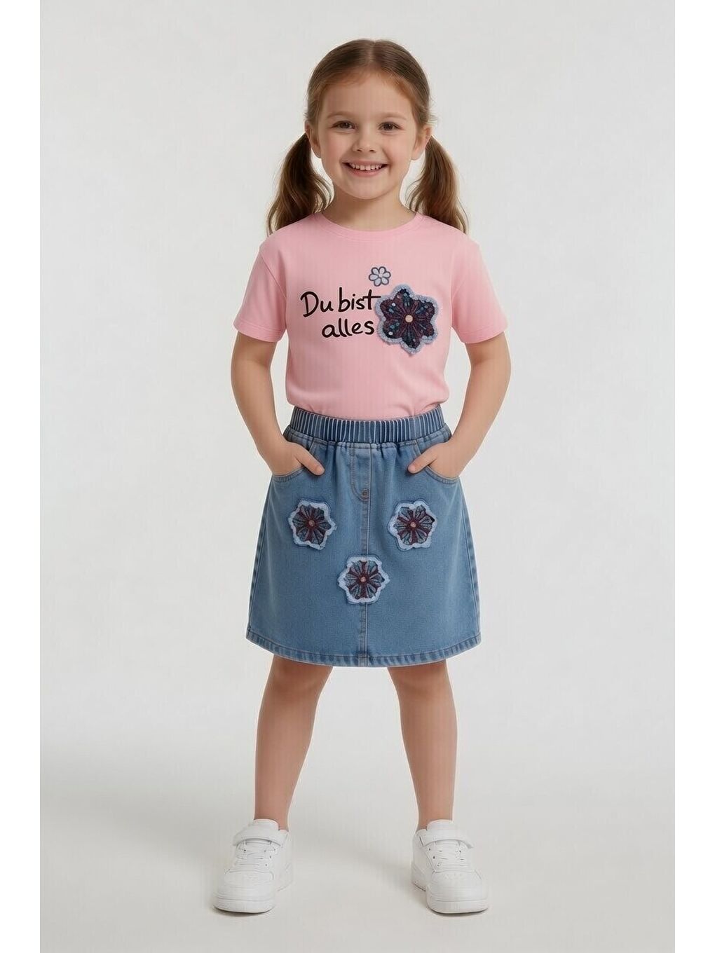 Pembe Çiçek Nakışlı Taşlı Jean Etekli Badili Kız Çocuk 2li Takım 24049-1