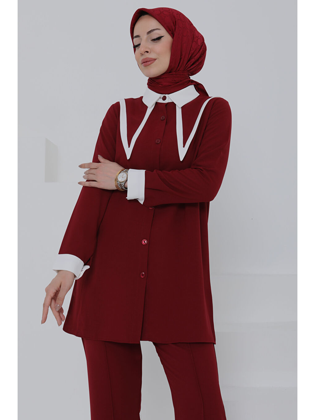 Çift Yakalı Linda Takım Bordo - 27020-4