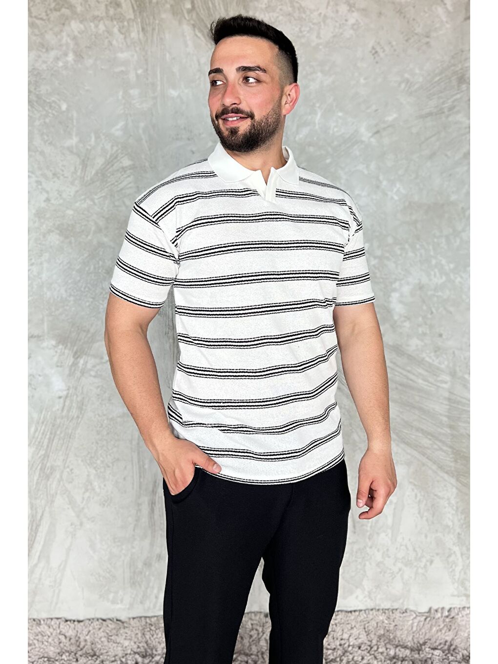 Ekru Polo Yaka Çizgili Erkek Tişört