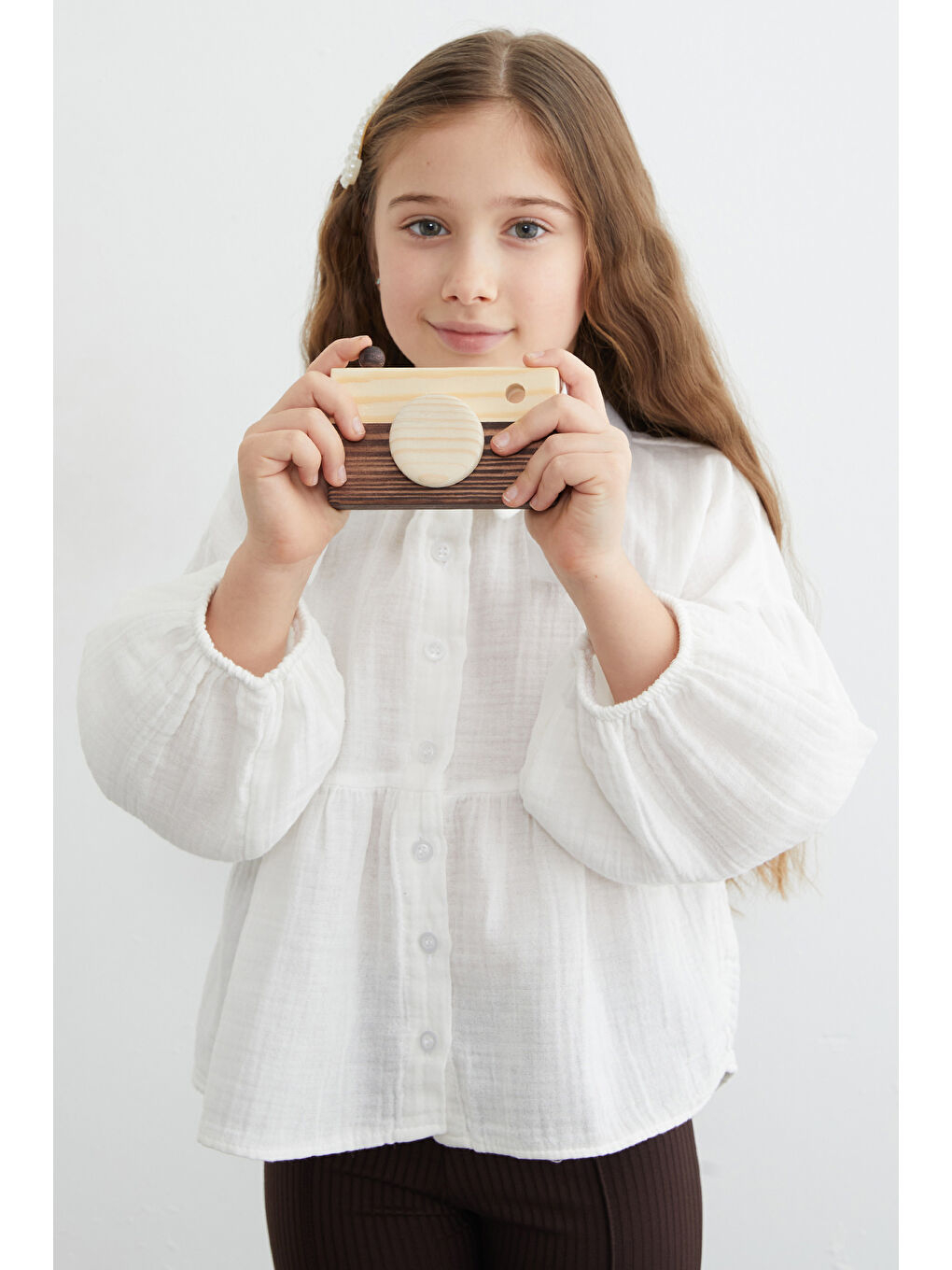 Beyaz Balon Kol Müslin Kumaş Kız Çocuk Gömlek-1