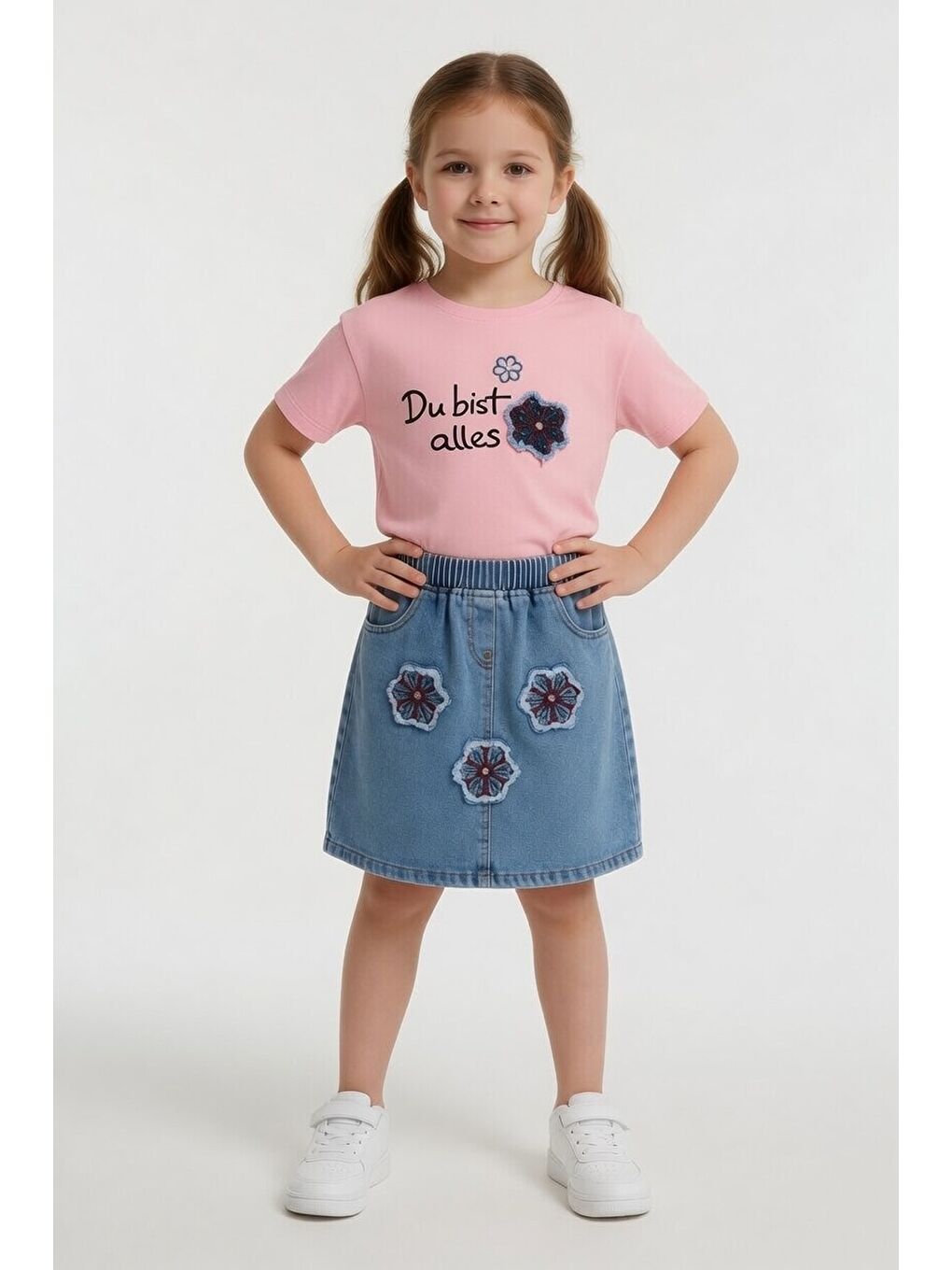 Pembe Çiçek Nakışlı Taşlı Jean Etekli Badili Kız Çocuk 2li Takım 24049-2