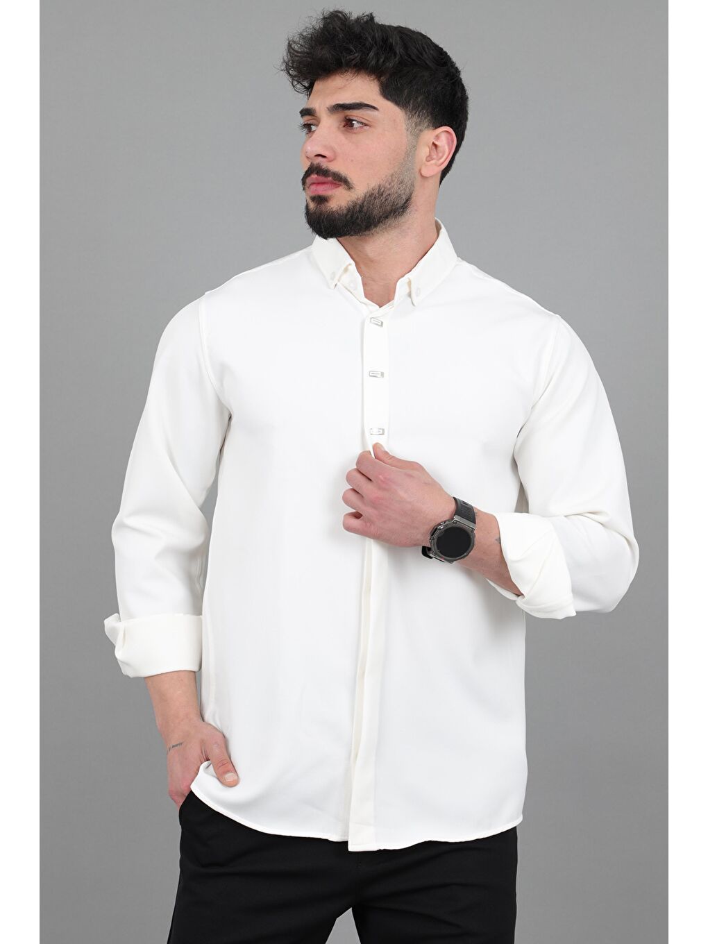 Beyaz Düğme Detay Premium Yazlık Uzun Kol Gömlek QCM 6727_40419-2