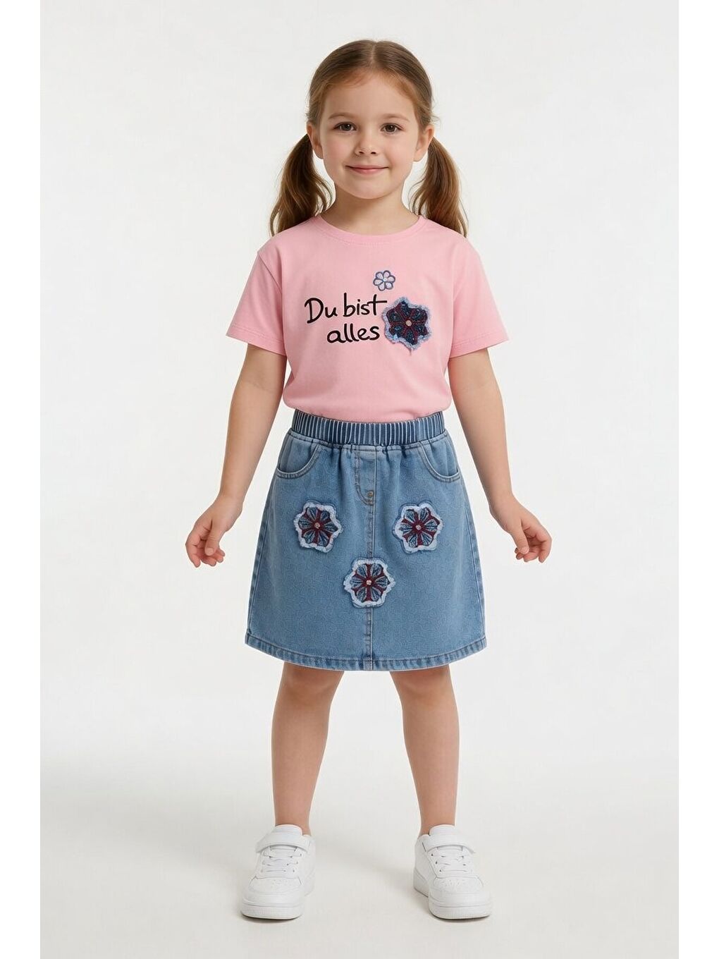 Pembe Çiçek Nakışlı Taşlı Jean Etekli Badili Kız Çocuk 2li Takım 24049-3