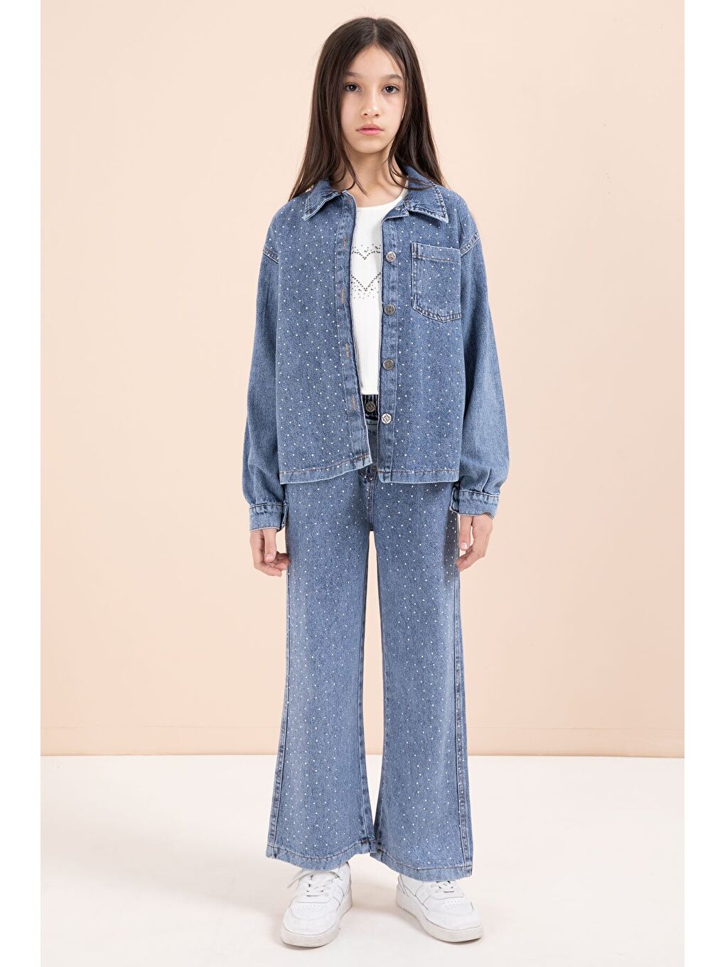 Mavi Taşlı Jean Gömlekli Kız Çocuk Geniş Paça 3lü Jean Takım 23441