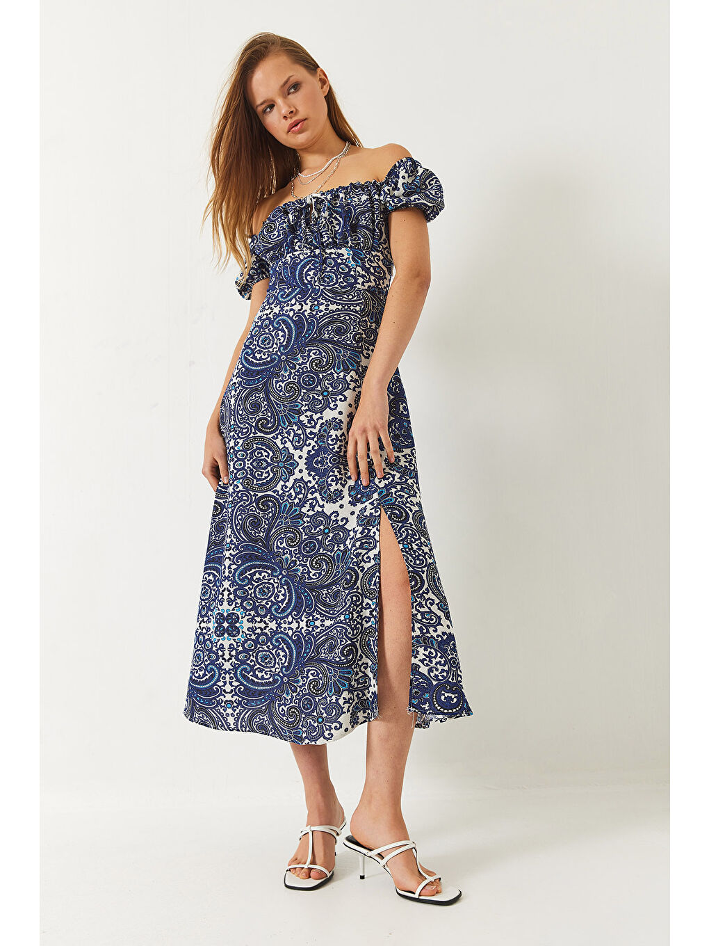 Mavi Kadın Bağlama Yakalı Yırtmaç Detaylı Desenli Midi Elbise-3