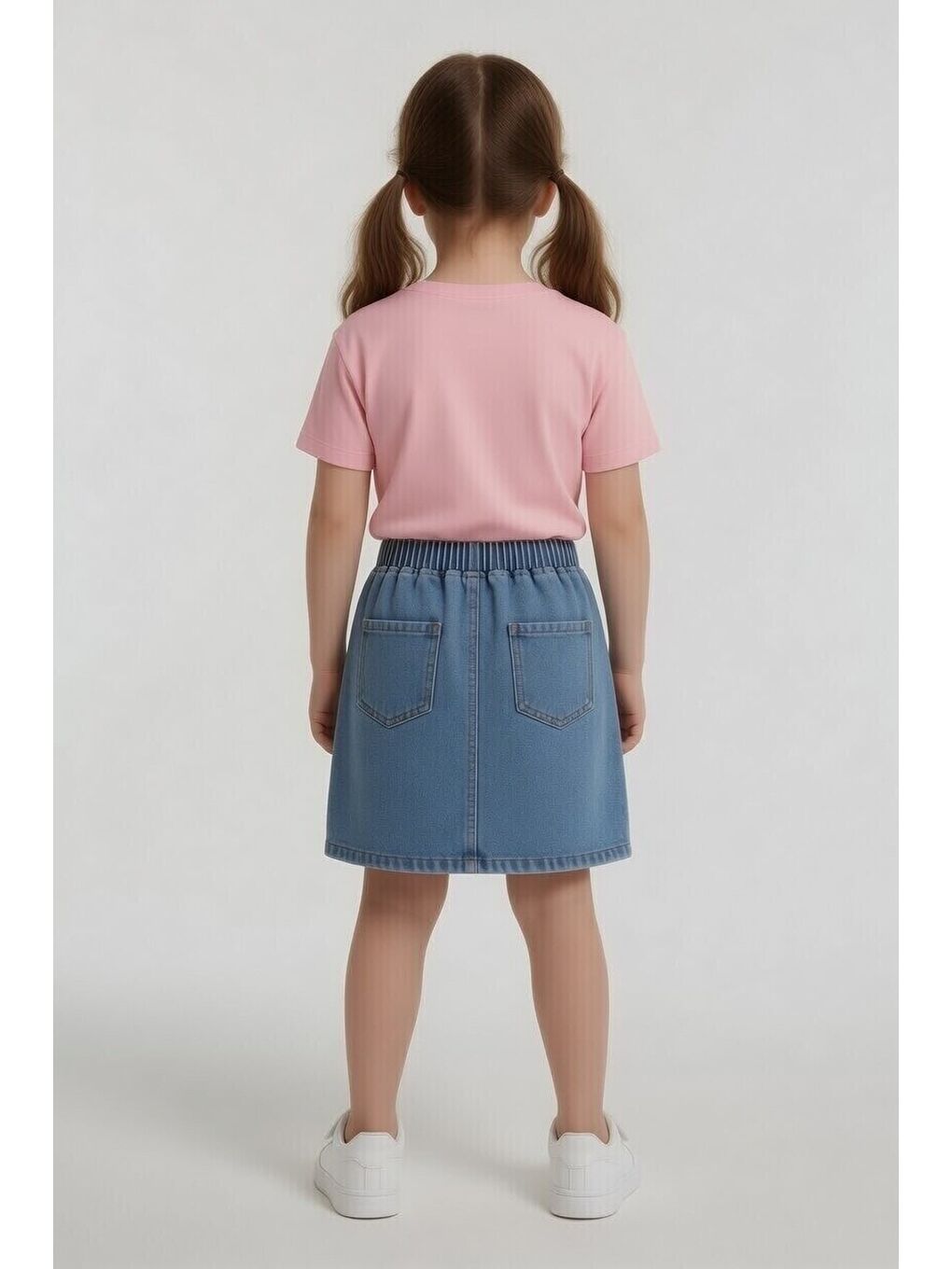 Pembe Çiçek Nakışlı Taşlı Jean Etekli Badili Kız Çocuk 2li Takım 24049-4