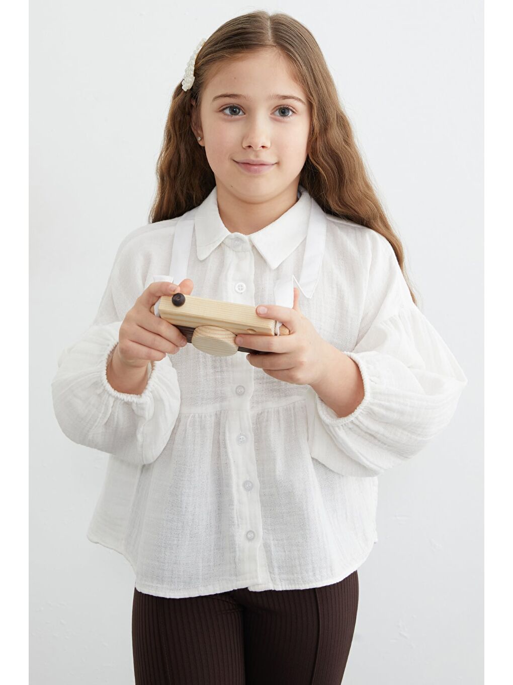 Beyaz Balon Kol Müslin Kumaş Kız Çocuk Gömlek-2