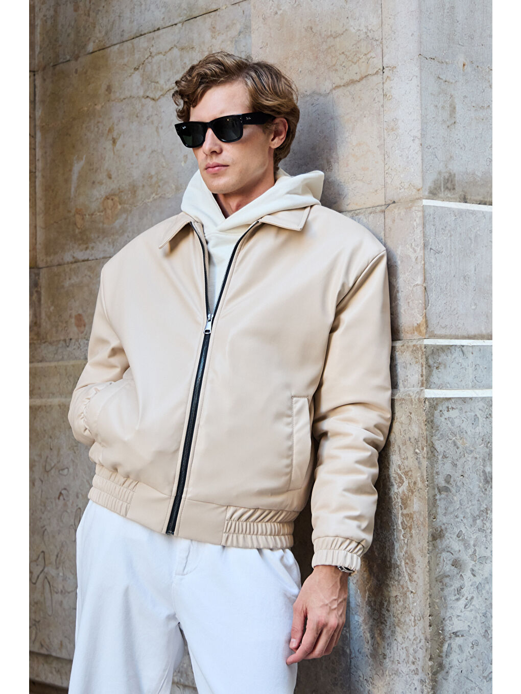 Bej Erkek Limited Edition Deri Mont Ceket Taş-5
