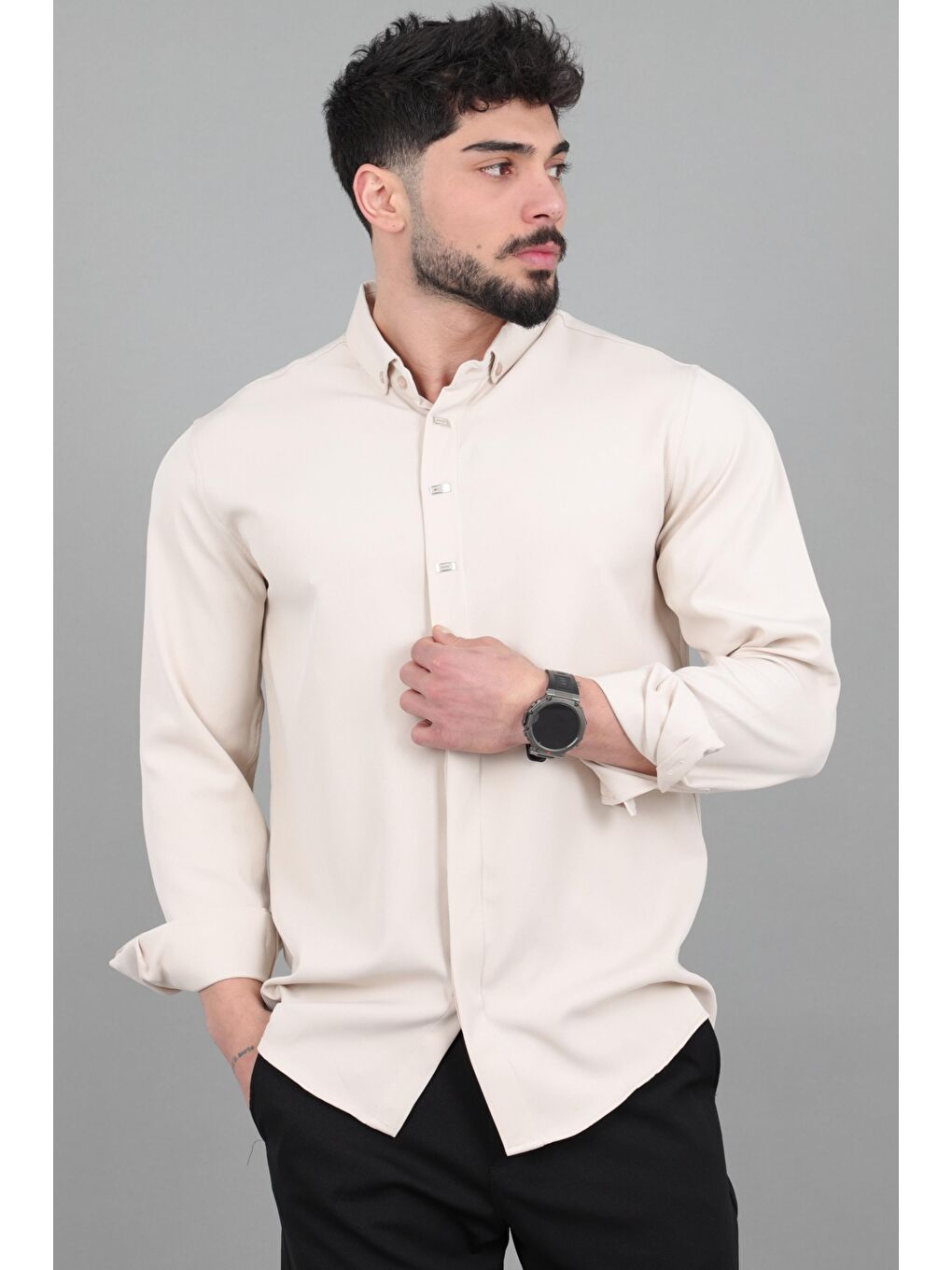 Bej Düğme Detay Premium Yazlık Uzun Kol Gömlek QCM 6727_40419