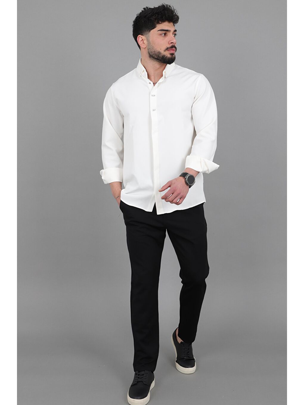 Beyaz Düğme Detay Premium Yazlık Uzun Kol Gömlek QCM 6727_40419-3