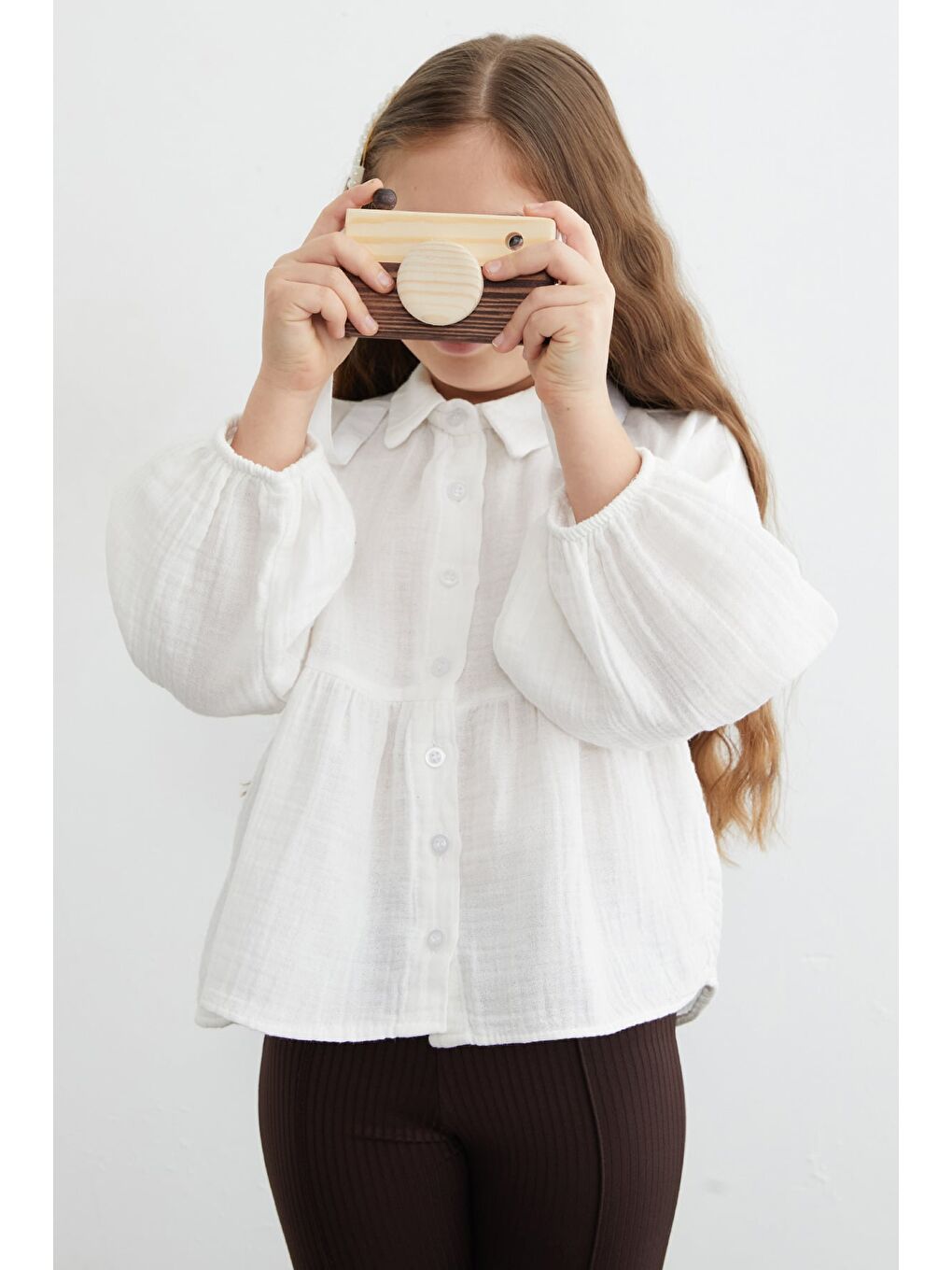 Beyaz Balon Kol Müslin Kumaş Kız Çocuk Gömlek-3