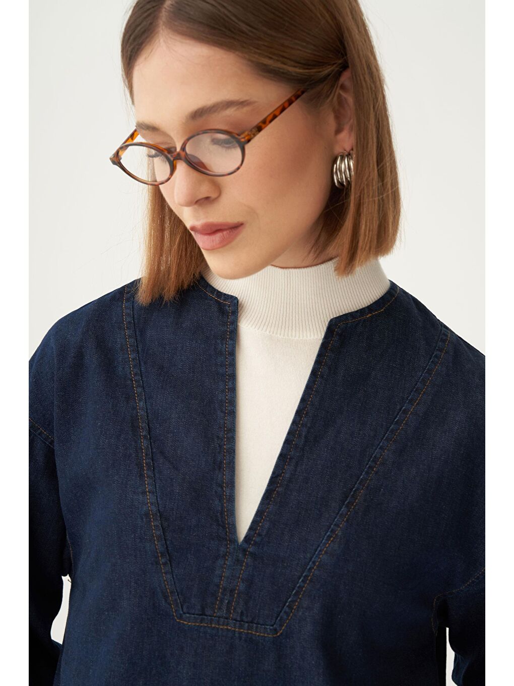 Koyu Mavi-V Yaka Denim Gömlek Tunik-4