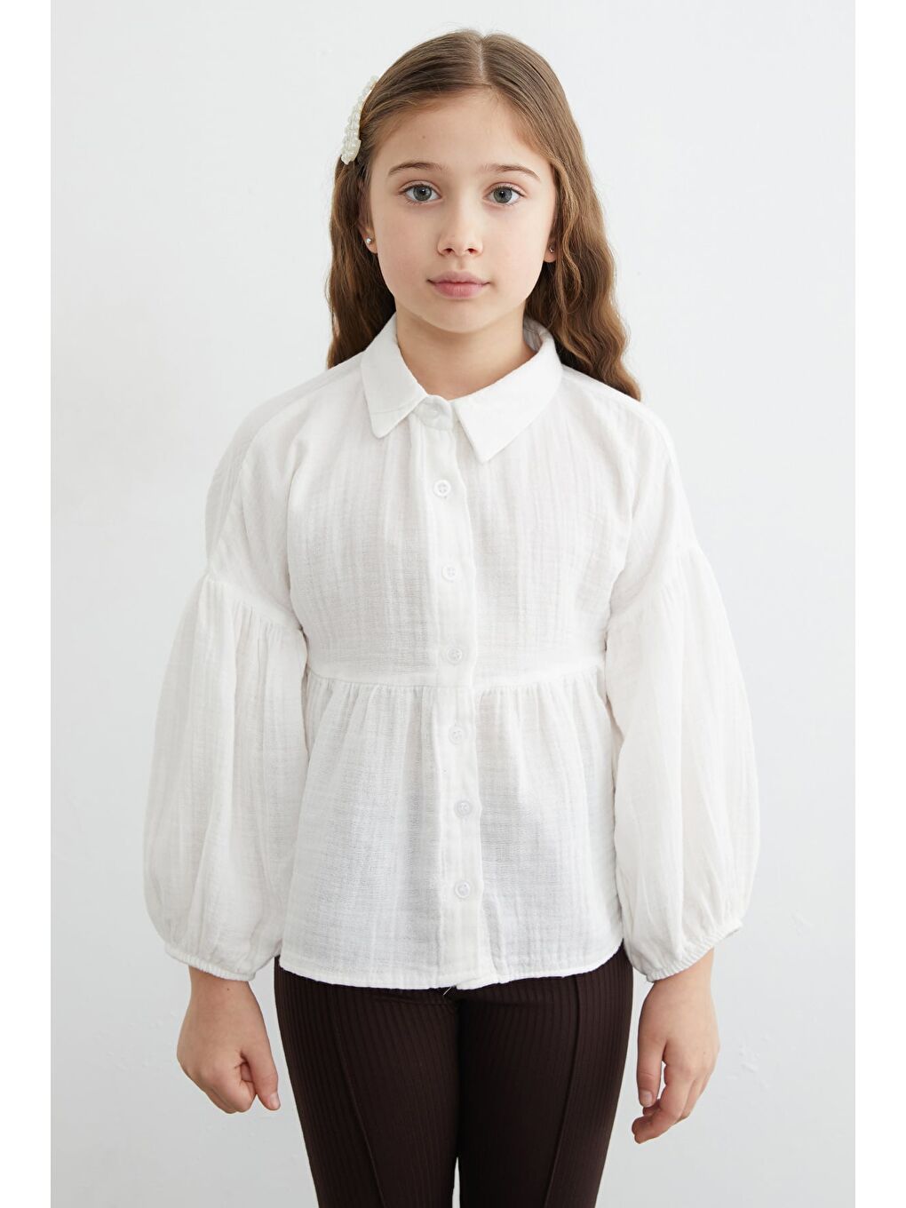 Beyaz Balon Kol Müslin Kumaş Kız Çocuk Gömlek-4