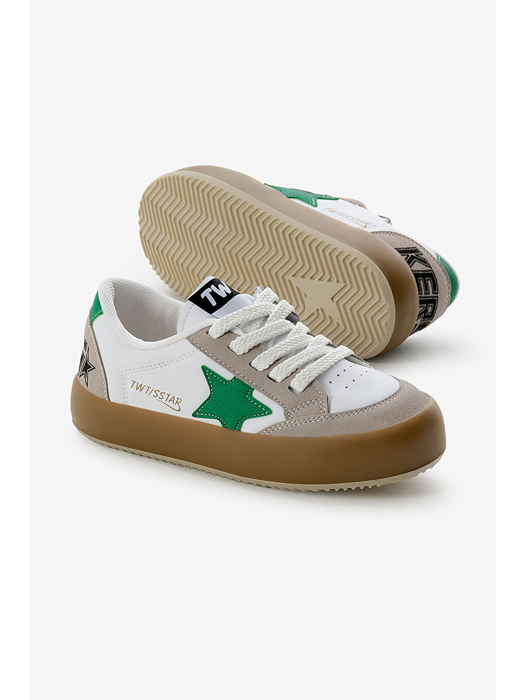 Çocuk Unisex Beyaz Yeşil Termo Taban Yıldız Detaylı Bağcıklı ve Cırtlı Spor Ayakkabı-3