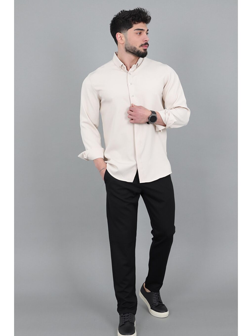 Bej Düğme Detay Premium Yazlık Uzun Kol Gömlek QCM 6727_40419-1